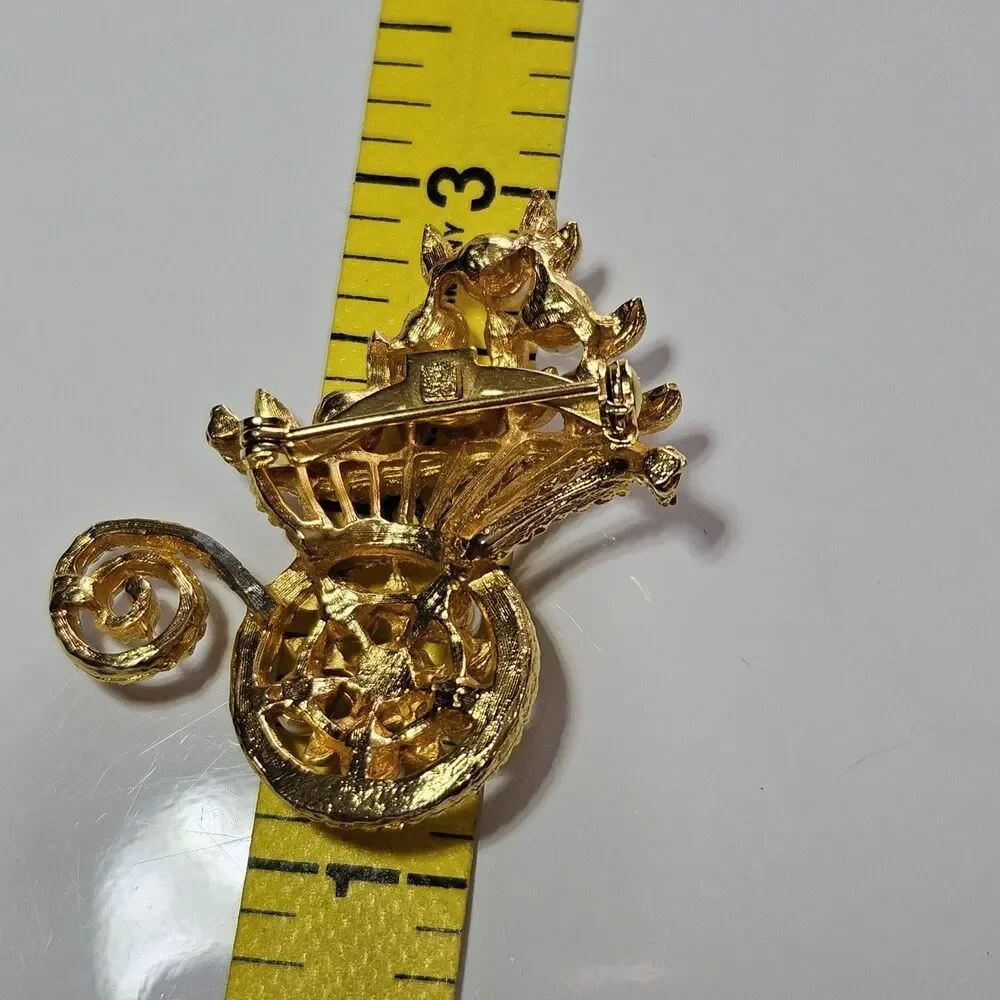 Vintage Gold Tone Faux Pearl Wheelbarrow of Flowers Pin Brooch